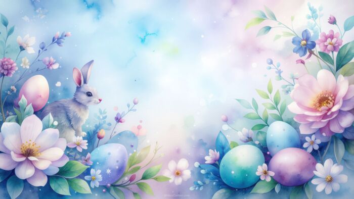 Watercolor Easter Background with Bunny, Wildflowers and Eggs