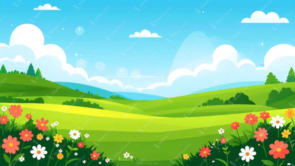 Cartoon Grassland Background with Daisy Flowers and Blue Sky