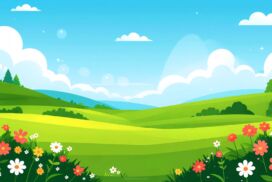 Cartoon Grassland Background with Daisy Flowers and Blue Sky