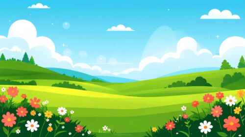 Cartoon Grassland Background with Daisy Flowers and Blue Sky by SlidesCorner.com