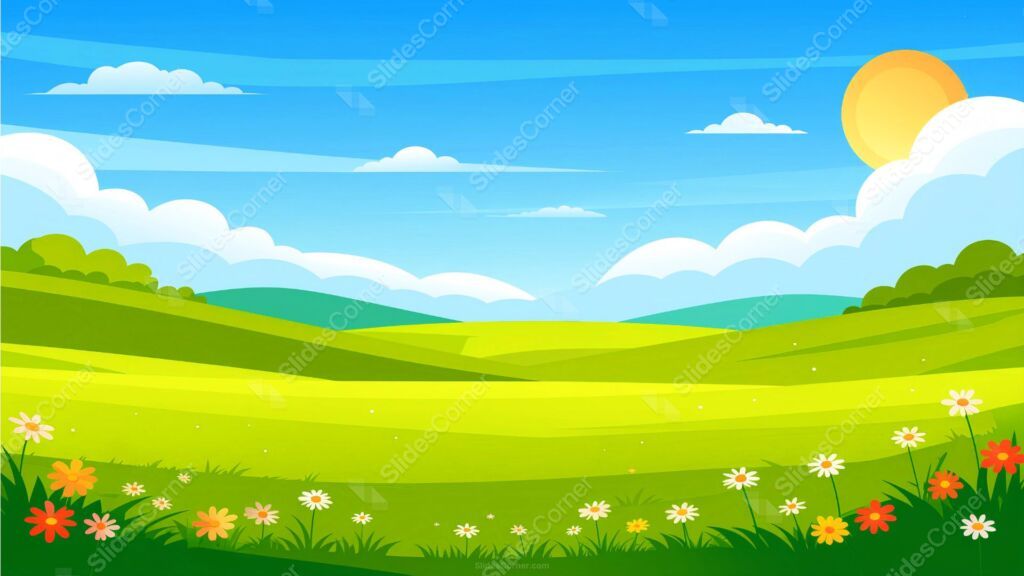 Cartoon Grassland Background with Flower Meadow and Sunny Sky Cartoon Grassland Background with Flower Meadow and Sunny Sky