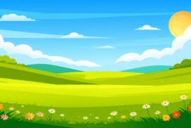 Cartoon Grassland Background with Flower Meadow and Sunny Sky