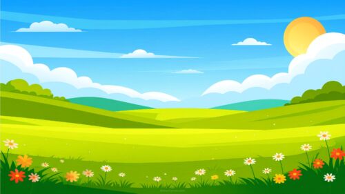 Cartoon Grassland Background with Flower Meadow and Sunny Sky Cartoon Grassland Background with Flower Meadow and Sunny Sky