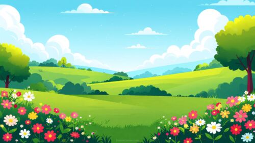 Cartoon Background with Flowers grassland landscape with trees blue sky and colorful floral border for presentation slides