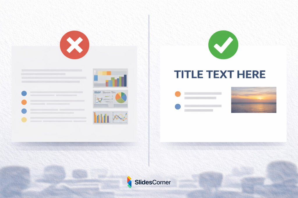 Minimalist slide design vs cluttered slide comparison infographic