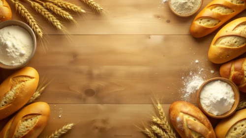 Bread background top view with wheat branches, homemade loaves and rustic flour bowls on warm wooden table