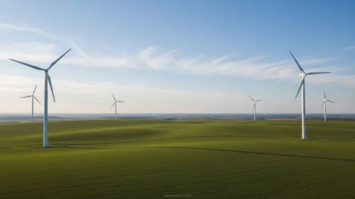 Green energy windmill background for presentation slide — six wind turbines on grassy hills with long shadows and soft clouds