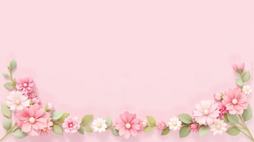 Pink floral border PowerPoint background with white and pastel pink flowers on a light pink plain base