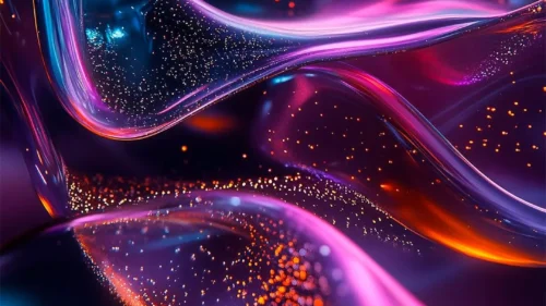 Black abstract phone wallpaper with purple liquid glass waves and orange bokeh particles