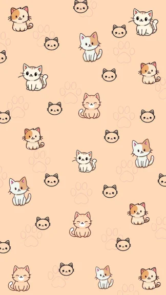 Cute Cat Phone Wallpaper Free Download – Cartoon Kitten Pattern on Light Orange Background