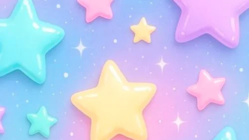 Cute purple wallpaper with pink, blue and yellow shiny plastic stars for phone lock screen and Instagram Story