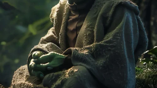 Dark forest phone wallpaper with Yoda meditating on rocks – free vertical background 1080x1920