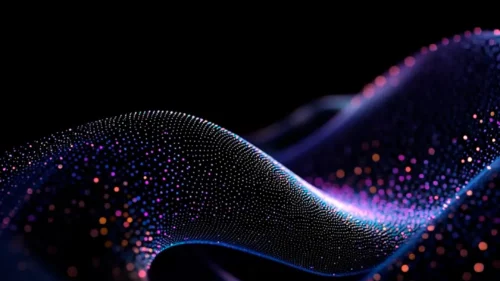 Dark vertical wallpaper with purple liquid waves and orange bokeh particles – free 1080x1920 phone background