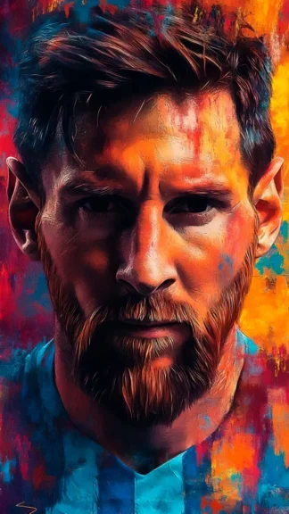 Messi Portrait Aesthetic Phone Wallpaper – Oil Painting Style in Orange and Blue