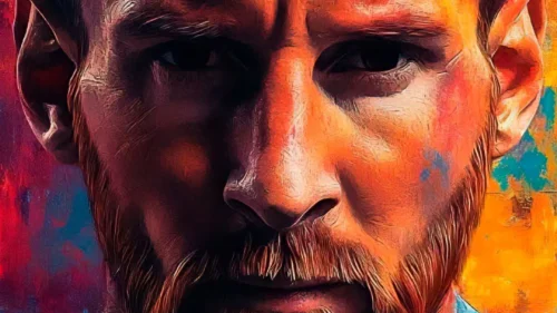 Messi Portrait Aesthetic Phone Wallpaper – Oil Painting Style in Orange and Blue