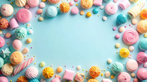 Pastel candy and meringue border on a light blue background for PowerPoint presentations