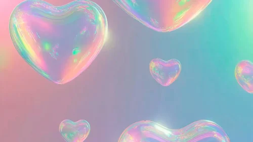 Pink to sky blue gradient phone wallpaper with floating transparent bubble hearts in different sizes, free download 1080x1920