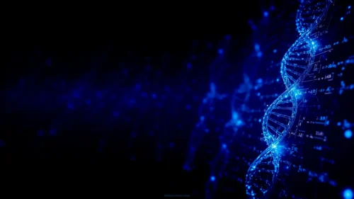 Professional science PPT background in black and deep blue with a glowing DNA double helix and genetic code running down the right edge, left side kept empty for slide text.