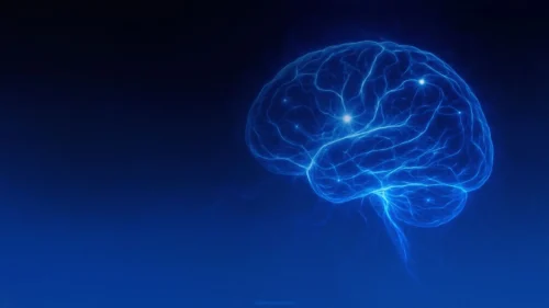 Professional science PPT background with a luminous blue human brain glowing at the center of a dark navy-to-black gradient.