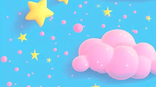 Sky blue phone wallpaper with pink clouds and yellow stars in a cute 3D kids style, free download 1080x1920