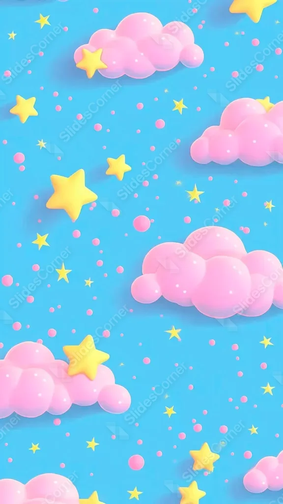 Cute 3D Kids Phone Wallpaper — Sky Blue Background with Pink Clouds and Yellow Stars Cute 3D Kids Phone Wallpaper — Sky Blue Background with Pink Clouds and Yellow Stars
