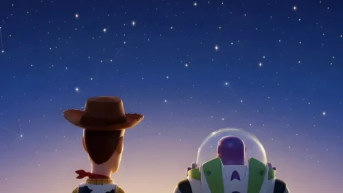 Woody and Buzz from Toy Story sitting on a hill under a starry night sky – free vertical wallpaper 1080x1920