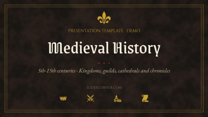 Medieval history presentation template cover slide with Grenze Gotisch gothic headline on a parchment background, gold leaf and ultramarine accents, PowerPoint and Google Slides layout