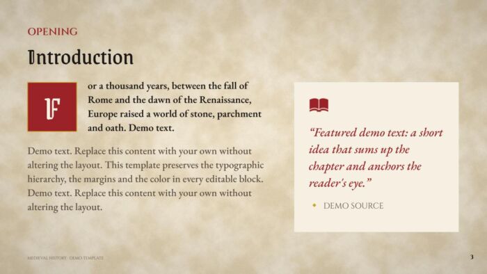 Medieval history presentation template cover slide with Grenze Gotisch gothic headline on a parchment background, gold leaf and ultramarine accents, PowerPoint and Google Slides layout
