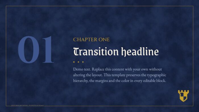 Medieval history presentation template cover slide with Grenze Gotisch gothic headline on a parchment background, gold leaf and ultramarine accents, PowerPoint and Google Slides layout
