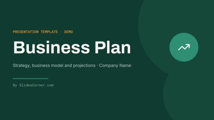 Business plan presentation template cover slide with white Archivo title on a deep green background and a circular mark, by SlidesCorner