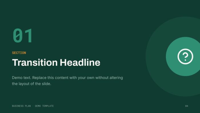 Business plan presentation template cover slide with white Archivo title on a deep green background and a circular mark, by SlidesCorner