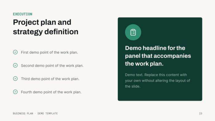 Business plan presentation template cover slide with white Archivo title on a deep green background and a circular mark, by SlidesCorner