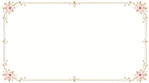 Aesthetic history background with a cream-ivory center, antique gold border, fleur-de-lis flourishes, and old-rose pink floral corners in HD 16:9.