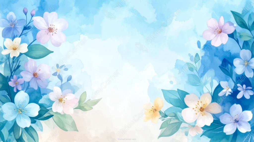 Watercolor Floral Background For Google Slides With Blue Blossoms
