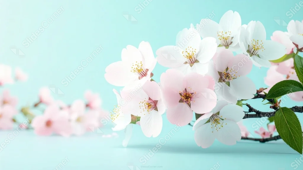 Cherry Blossom Background For PowerPoint With A Mint Green Backdrop