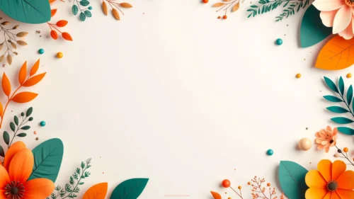 Clean aesthetic background with dimensional paper craft orange flowers, teal leaves and beaded berries on a cream border