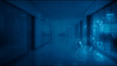 Dark navy clinical background for PowerPoint presentation with blurred hospital hallway and medical icon hexagons