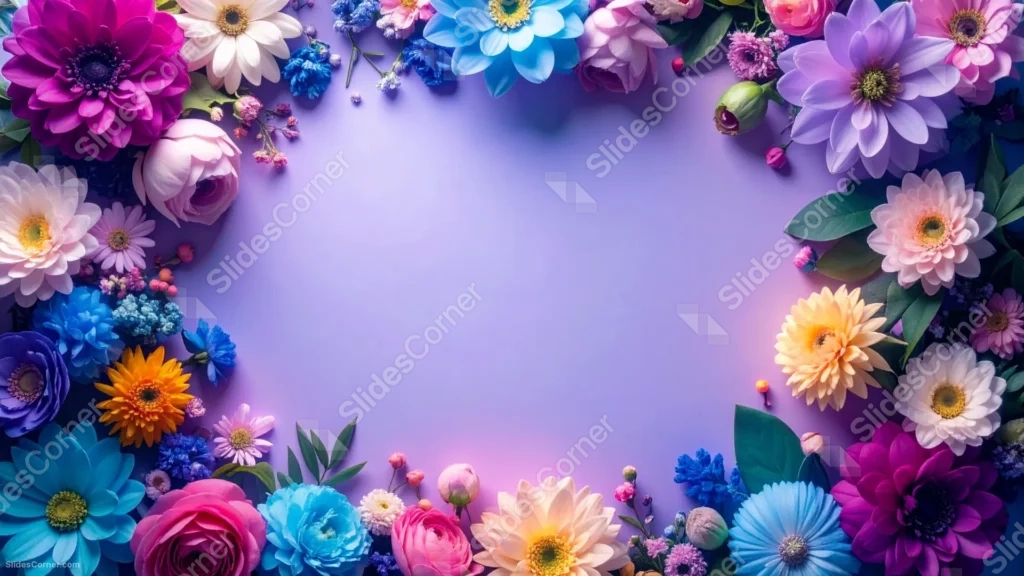 Colorful Floral Frame Background For PowerPoint With A Glowing Purple Center