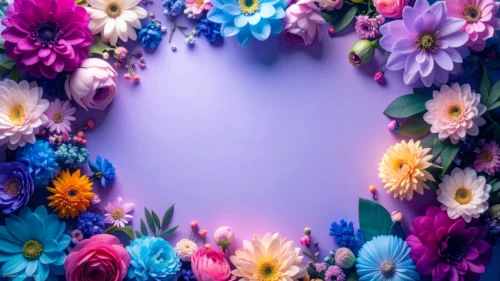 Colorful Floral Frame Background For PowerPoint With A Glowing Purple Center
