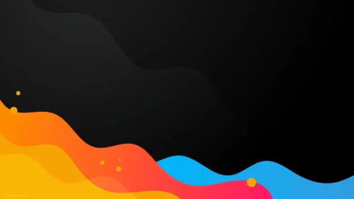 Creative PPT design background with a black upper area and a vivid yellow, orange, pink and blue fluid wave rising from the bottom left corner