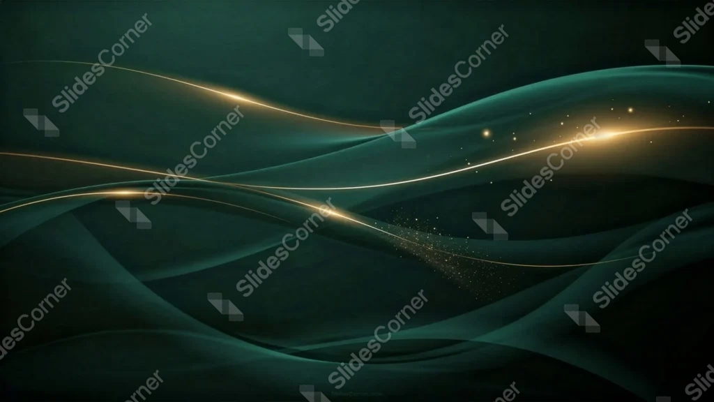 Dark Green Gold Background For PowerPoint With Glowing Wave Lines