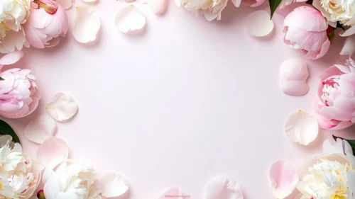 Elegant floral PowerPoint background with a border of blush pink and white peonies and loose petals around a soft pale pink center, in HD 16:9 for presentations
