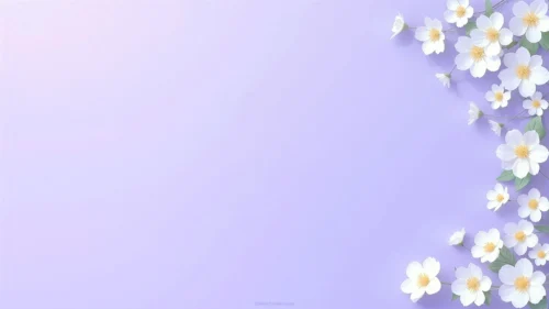 Elegant floral PowerPoint background with a soft lavender surface and white flowers with yellow centers cascading down the right edge, in HD 16:9 for presentations