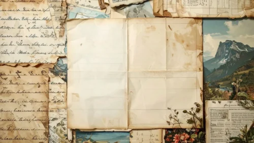 Nostalgic vintage background for slides with a layered journal collage of old handwritten letters, mountain postcards, and pressed flowers around a blank aged paper note