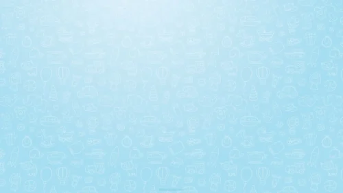 Pastel baby light blue background covered with white line-art doodles of baby toys, animals, and vehicles in a seamless repeating pattern