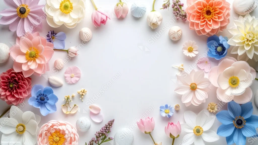 Floral Frame Background For Google Slides With Pastel Flower Spheres Floral Frame Background For Google Slides With Pastel Flower Spheres