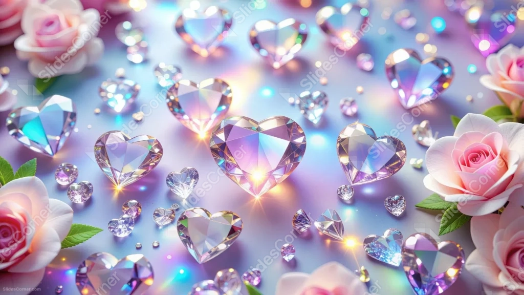 Diamond Hearts Background For PowerPoint With Roses And Sparkle Diamond Hearts Background For PowerPoint With Roses And Sparkle