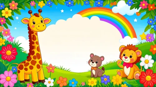 PPT background for kids with a cartoon giraffe, lion, and kitten among bright flowers under a rainbow and blue sky, with an open cream center, in HD 16:9