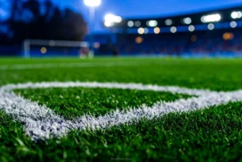 Soccer Field Background For PowerPoint With A Stadium At Dusk