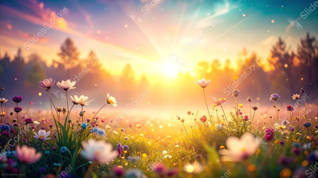 Spring Meadow Background For PowerPoint With Sunburst Wildflowers